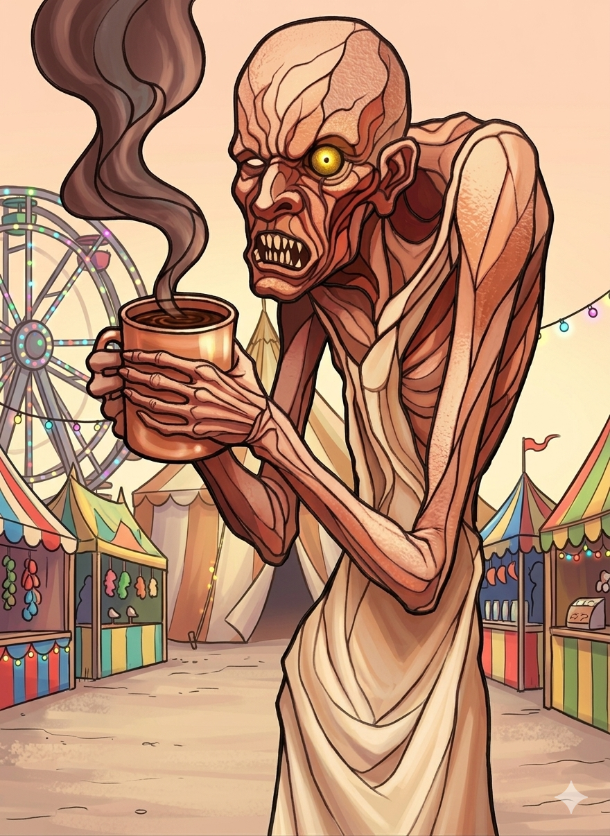 Illustration of the Curmudgeon mascot holding a steaming mug at the carnival
