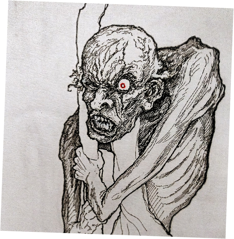 Original hand-drawn ink illustration of the Curmudgeon Coffee Roasters mascot on fabric — a gaunt, hunched figure with one glowing red eye